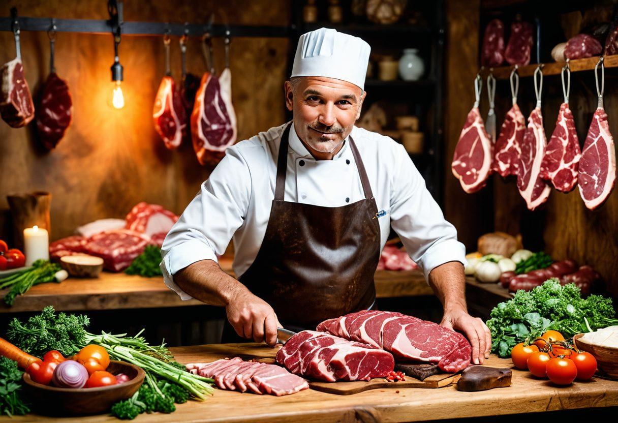 A skilled butcher artisan in a rustic workshop, skillfully carving a beautifully marbled piece of premium meat, surrounded by an array of fresh herbs and colorful vegetables. The background showcases hanging cured meats and artisanal tools, emphasizing the art and craft of butchery. Warm, inviting lighting creates a cozy atmosphere, inviting readers to discover the world of sustainable meats. super-realistic. vibrant colors. rustic style.