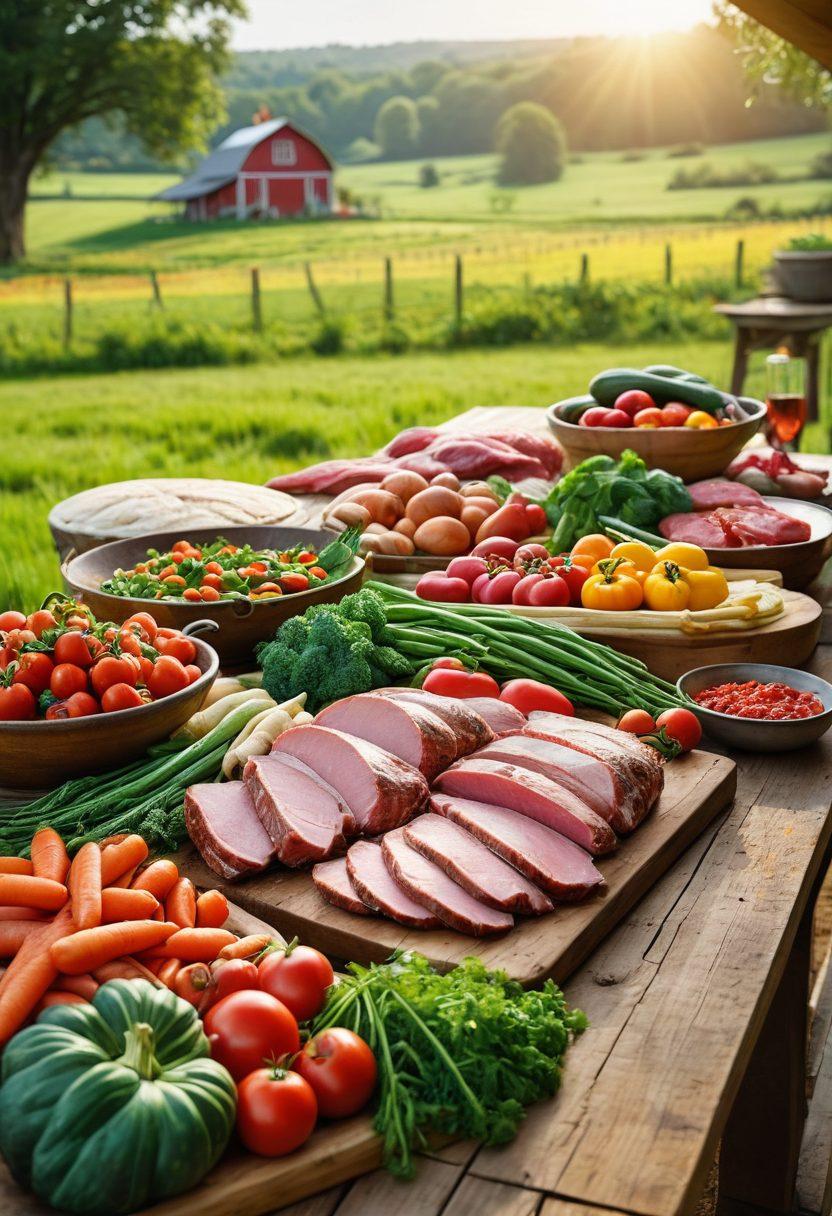 A vibrant farm scene featuring a wooden table laden with an array of colorful, fresh meats paired with seasonal vegetables, surrounded by lush green fields and animals roaming freely. The atmosphere is bright and inviting, showcasing the concept of sustainable farming. Steam rises from a delicious meal being prepared in the background, hinting at the warmth of home-cooked meals. super-realistic. vibrant colors. natural lighting.