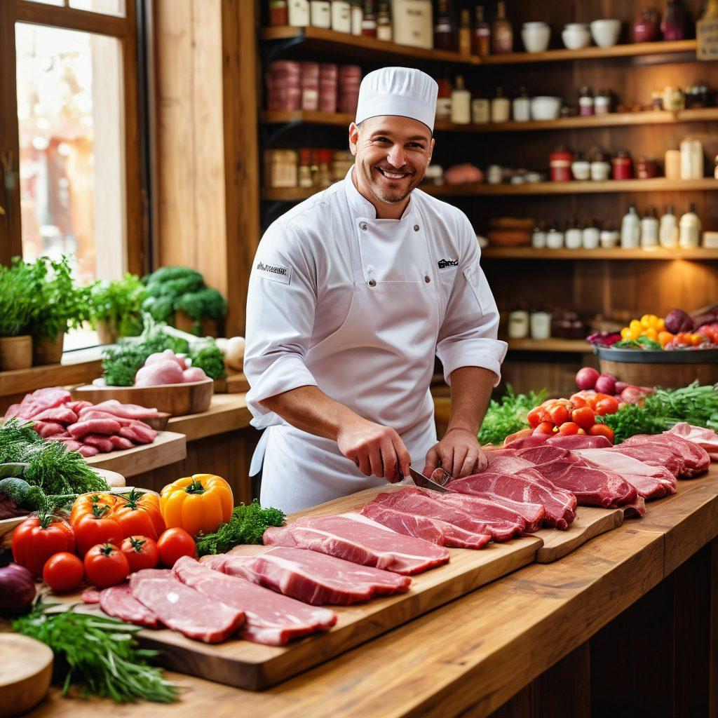 A vibrant, bustling artisanal butcher shop filled with a variety of meat cuts displayed on wooden counters. A cheerful chef in a white apron is skillfully demonstrating custom cuts to an eager customer. Fresh herbs and spices are scattered around, with colorful, seasonal vegetables in the background. Soft warm lighting enhances the inviting atmosphere. super-realistic. vibrant colors. warm tones.